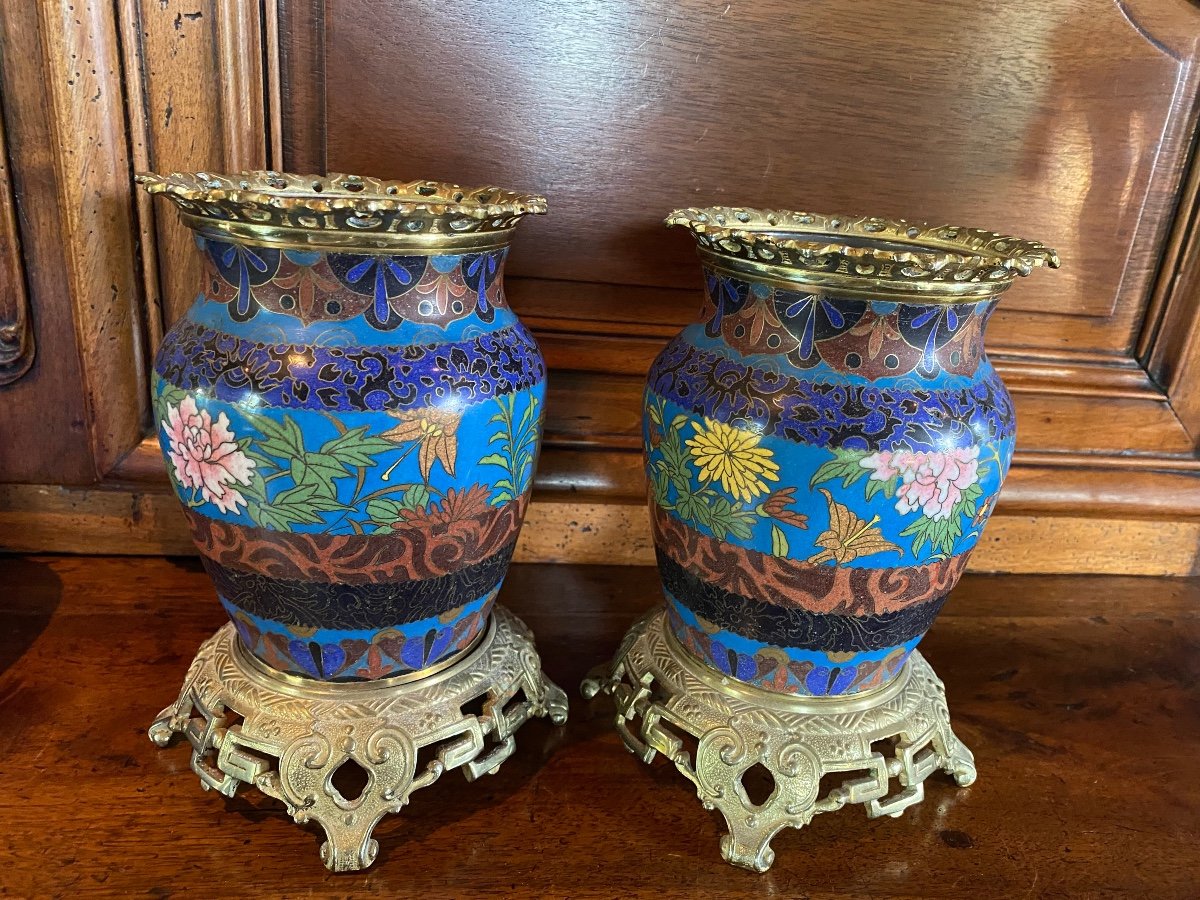 Pair Of Vases Mounted In Cloisonné Enamels Late 19th Century -photo-2