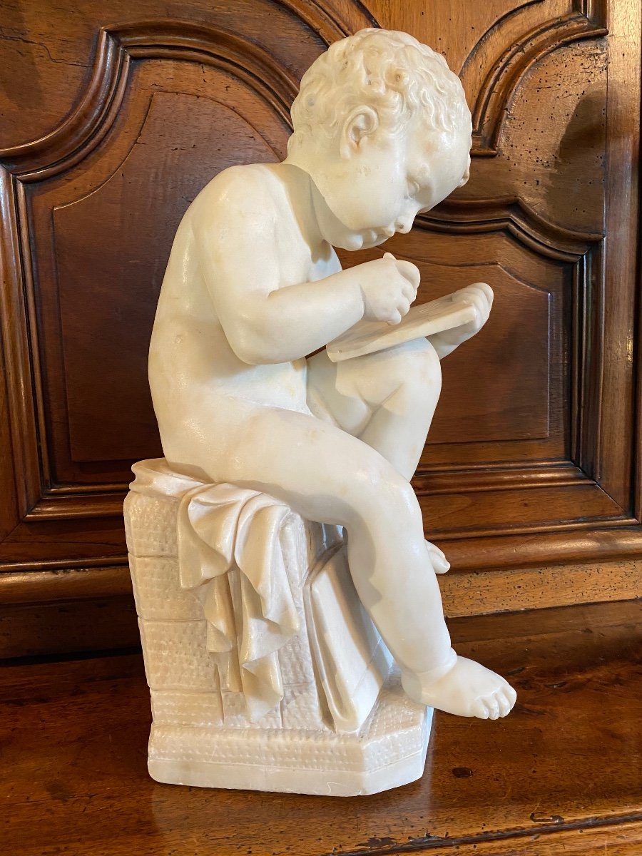 Adorable Petit Scribe En Carrare D’après Canova, XIX Eme Siècle -photo-4