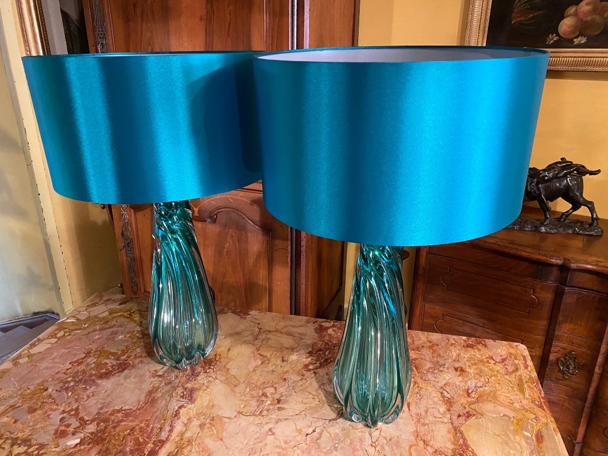 Pair Of Turquoise Lamps In Molded Glass -photo-6