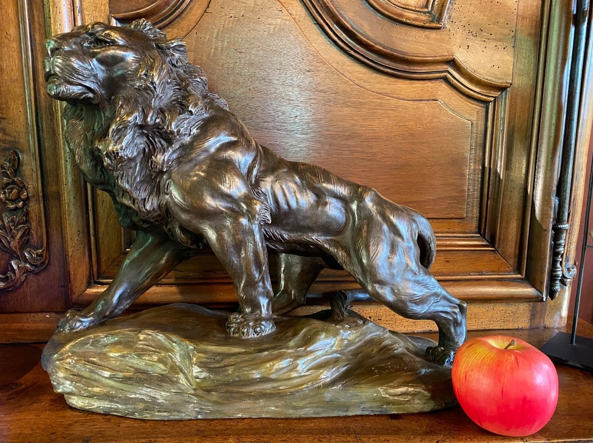 Impressive Terracotta Lion With Two Patinas, Signed 