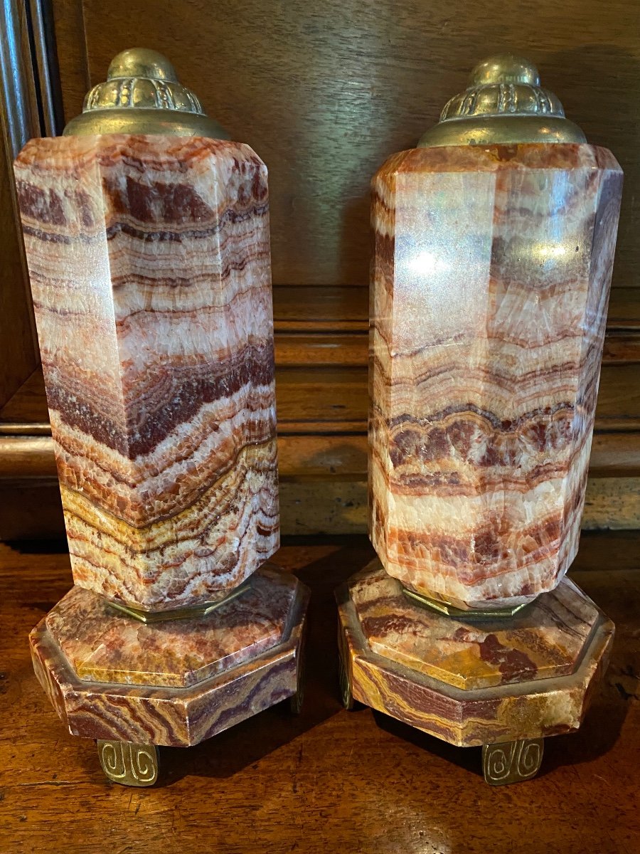 Pair Of Octagonal Columns In Art Deco Ribboned Onyx 