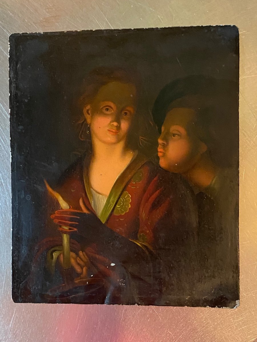 Beautiful Oil On Copper In Chiaroscuro, Candle Lighting, 19th Century 