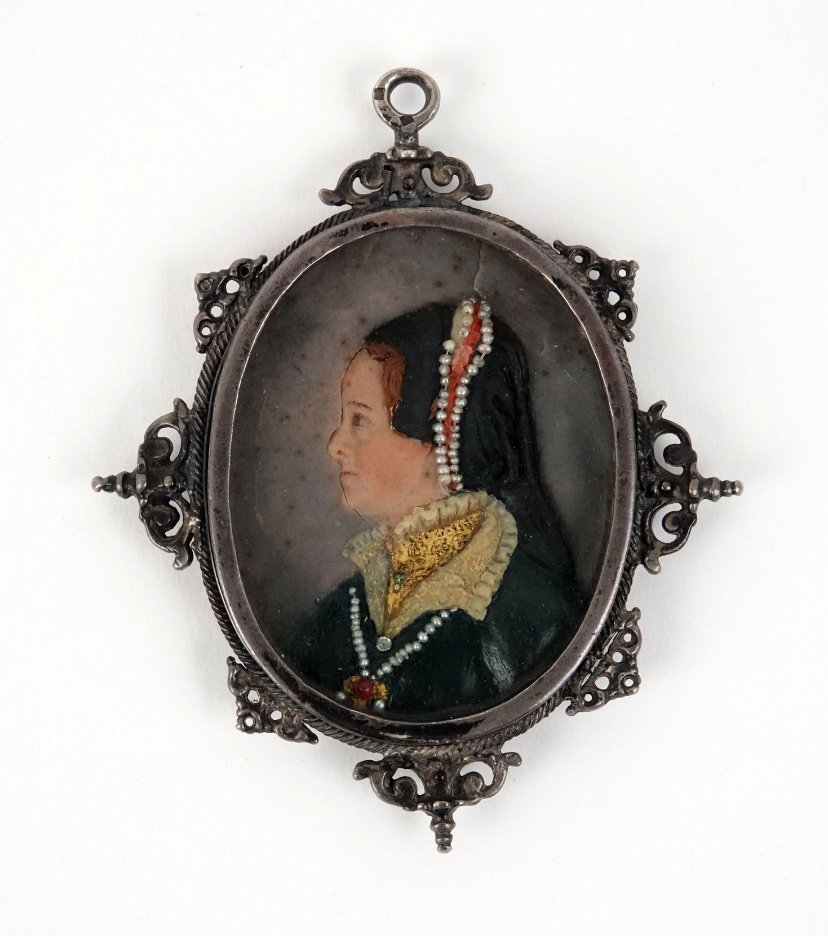 Profil En Cire Polychrome De Marie Tudor , Beau Pendentif En Argent -photo-2