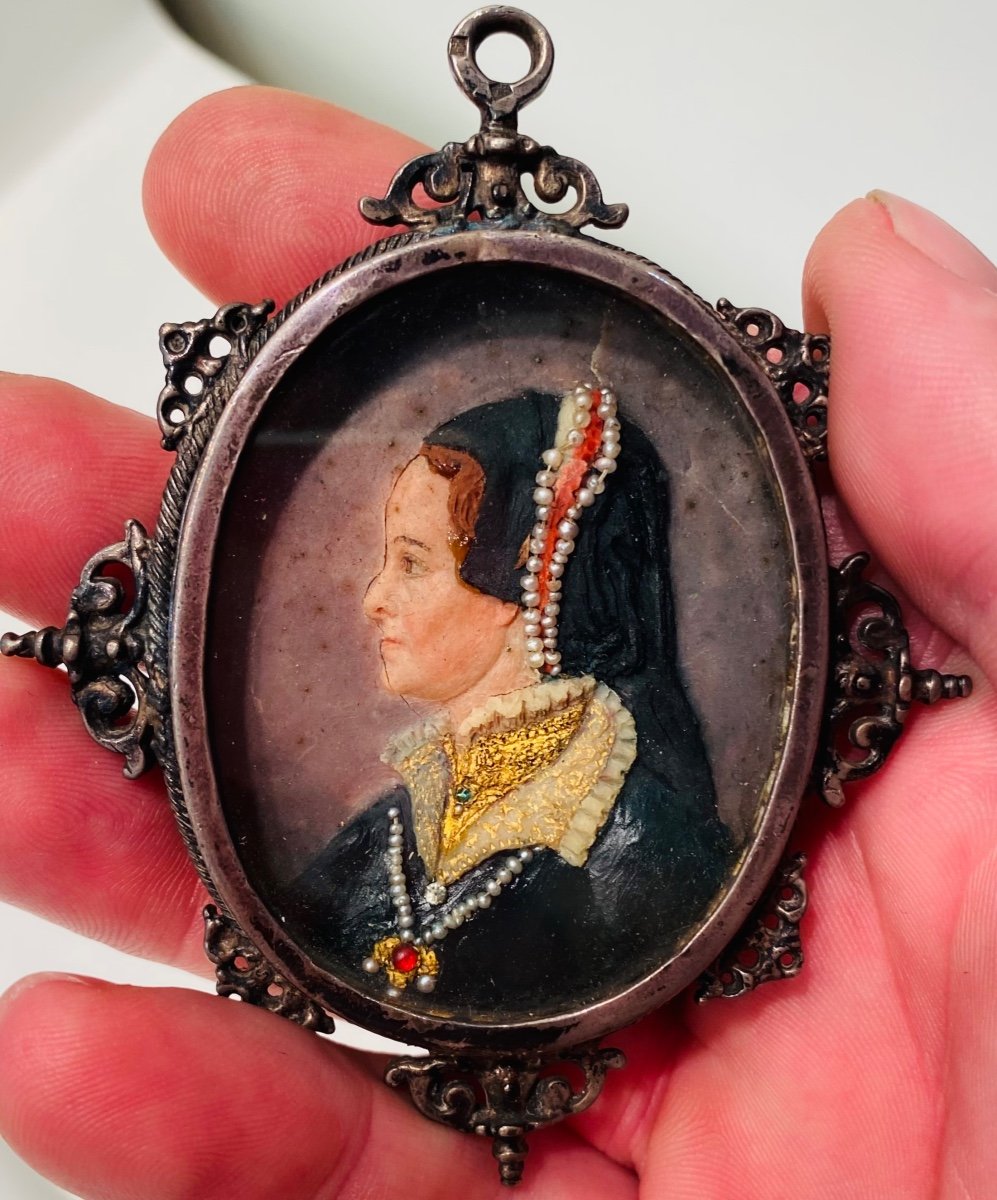 Profil En Cire Polychrome De Marie Tudor , Beau Pendentif En Argent 