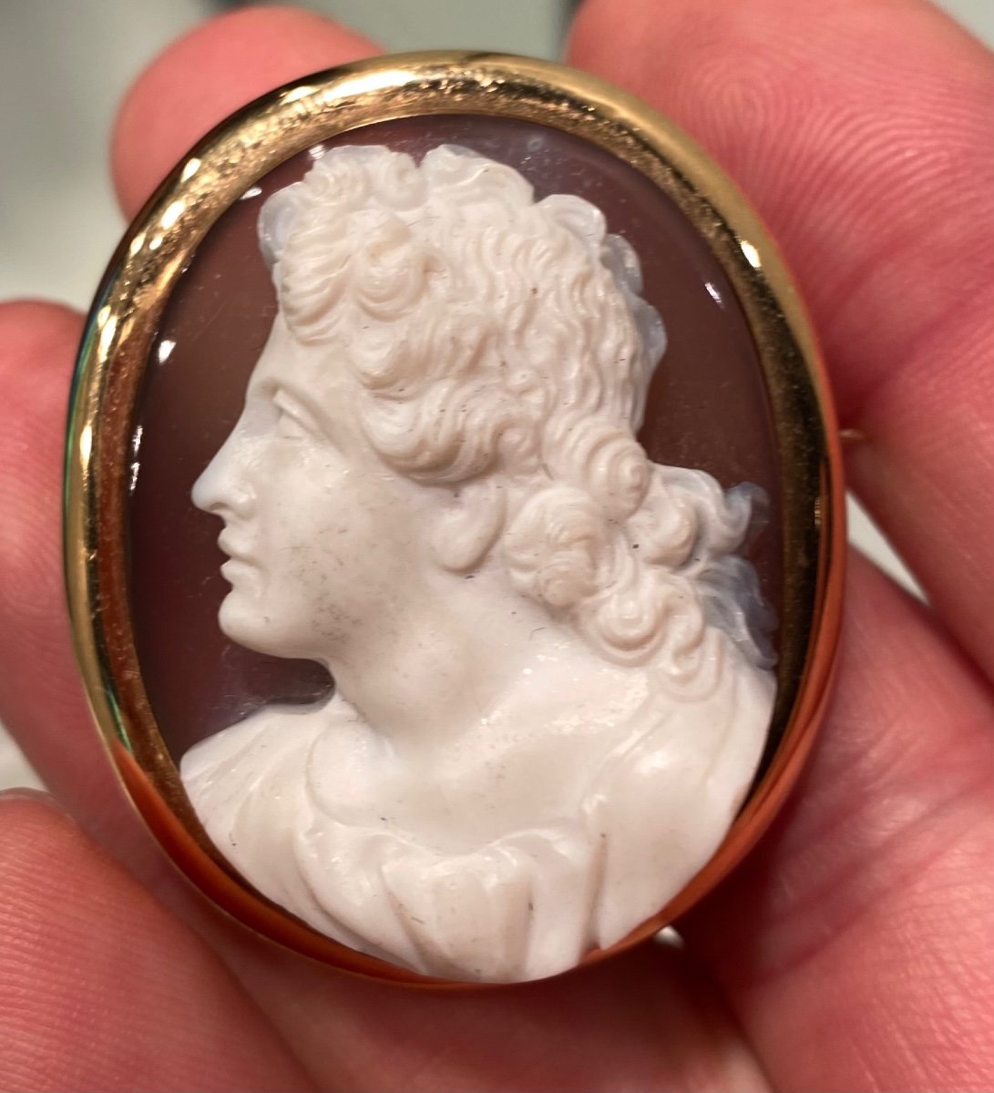 Superbe Camée à L’antique Profil D’un Jeune Homme Monté En Broche Du XIX Eme Siècle -photo-2