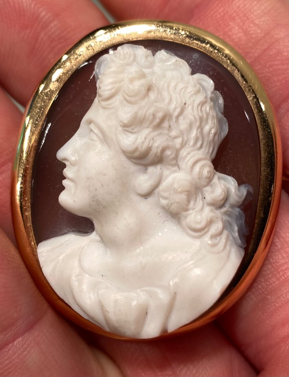 Superbe Camée à L’antique Profil D’un Jeune Homme Monté En Broche Du XIX Eme Siècle -photo-4