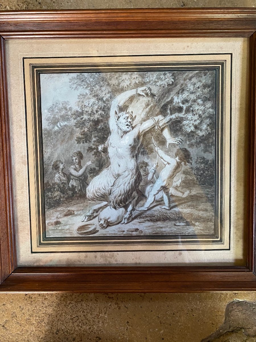 Beautiful Sepia Drawing Dating From The End Of The 18th Century, Two Putti Tying A Satyr.-photo-3