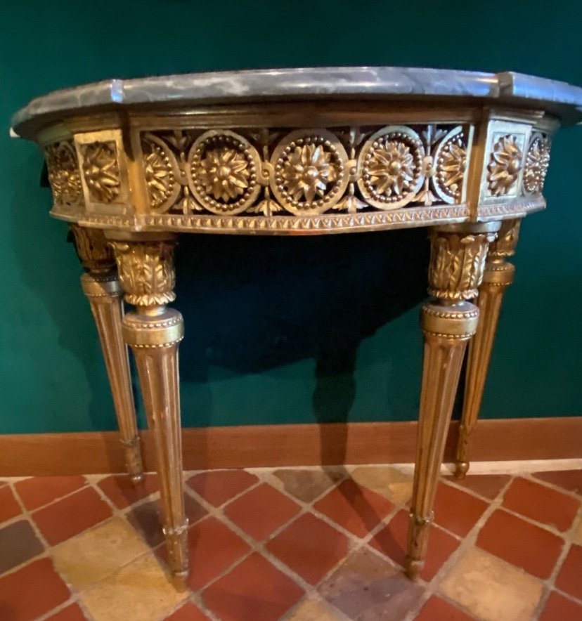 Console Demi-lune D’époque Louis XVI En Bois Doré Et Marbre Bleu Turquin-photo-2