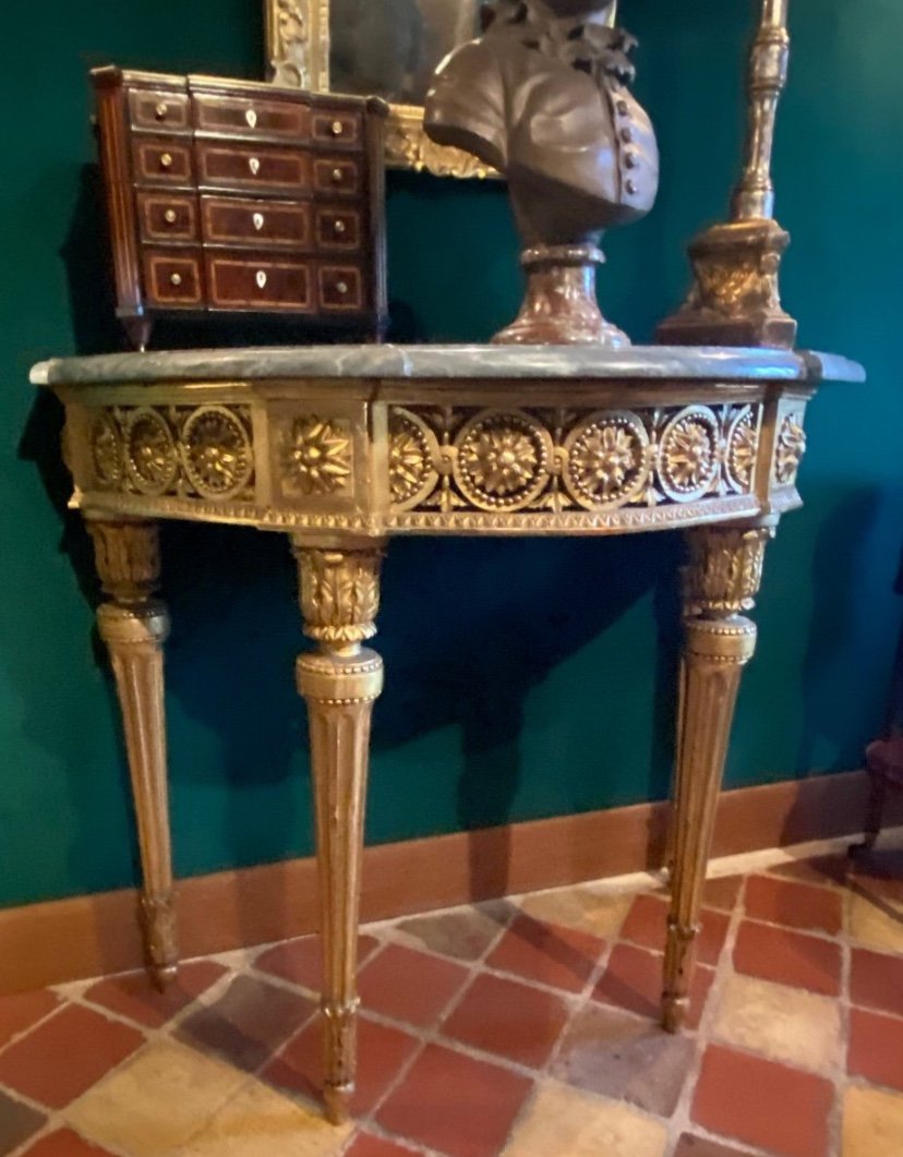 Console Demi-lune D’époque Louis XVI En Bois Doré Et Marbre Bleu Turquin-photo-3