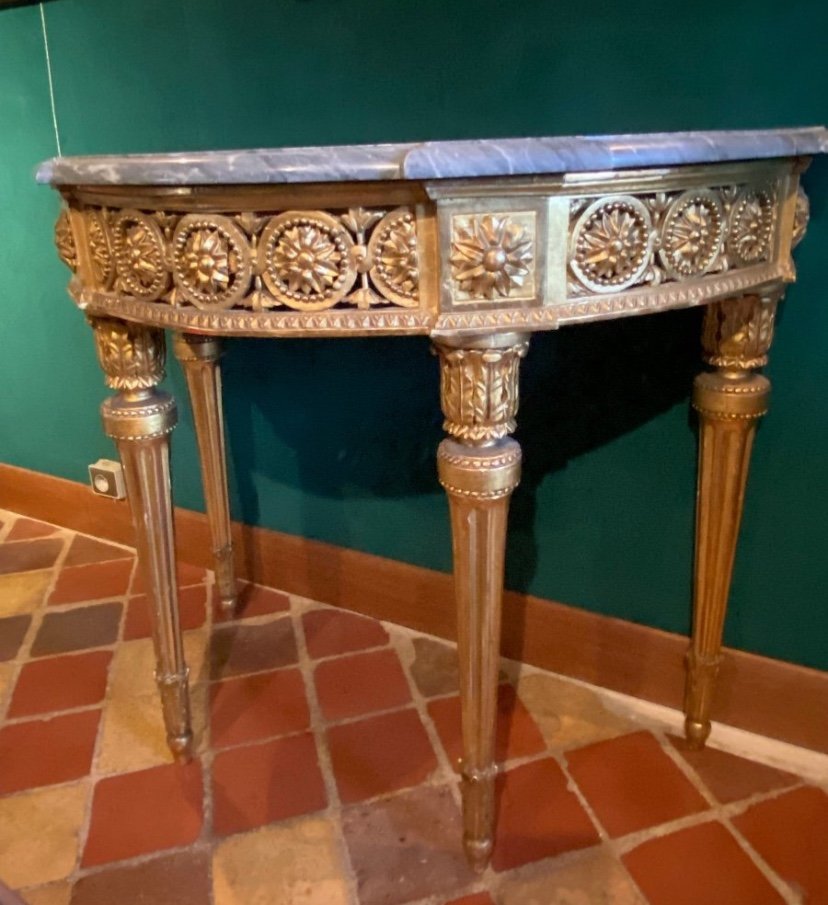 Console Demi-lune D’époque Louis XVI En Bois Doré Et Marbre Bleu Turquin-photo-4