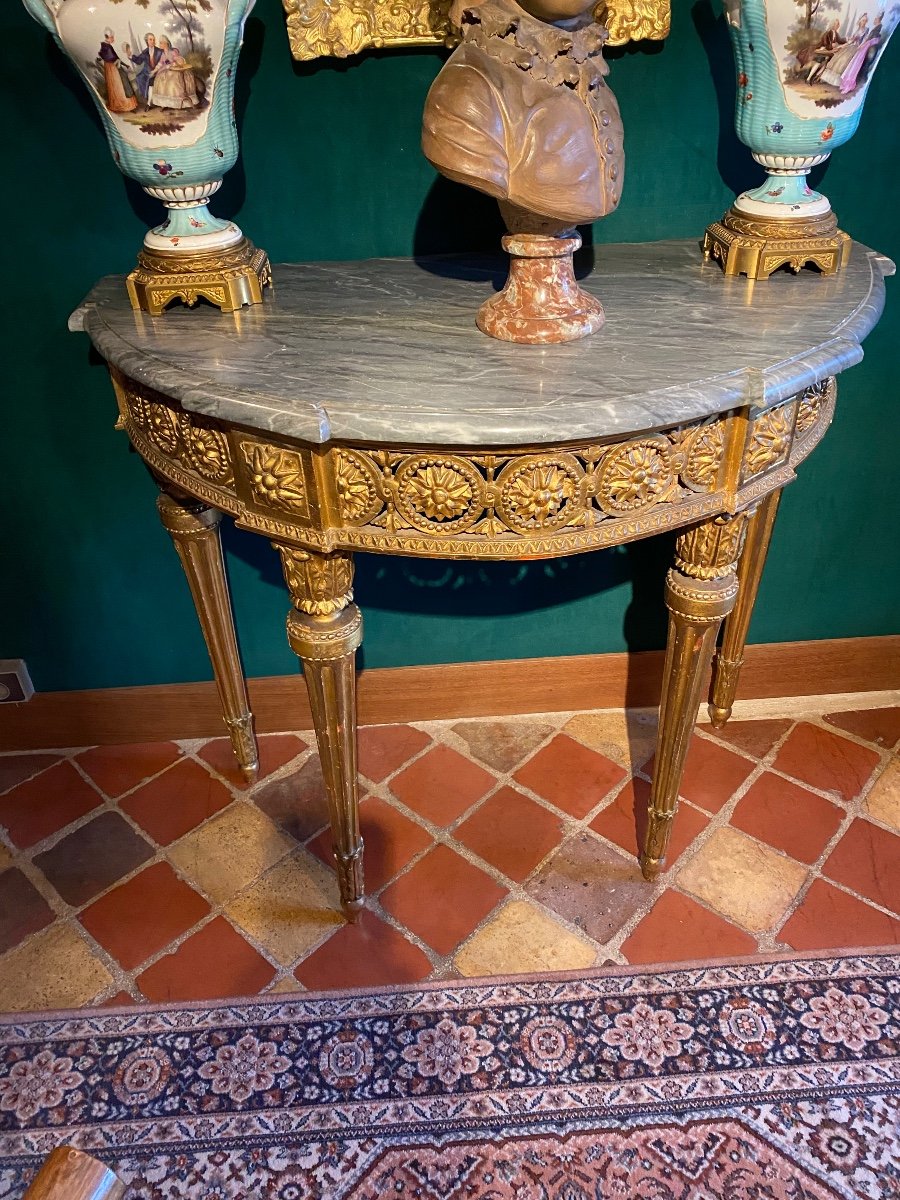 Console Demi-lune D’époque Louis XVI En Bois Doré Et Marbre Bleu Turquin-photo-6