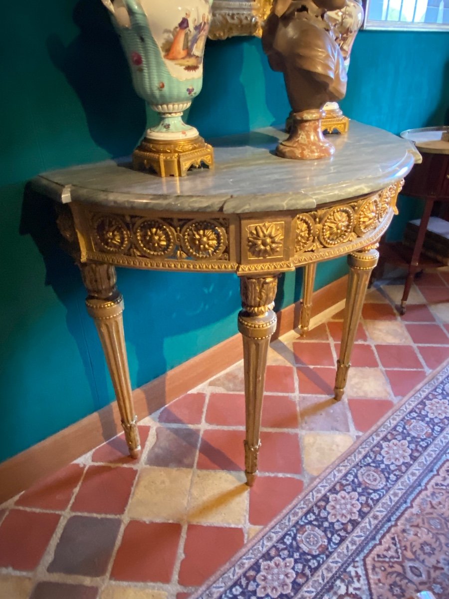 Console Demi-lune D’époque Louis XVI En Bois Doré Et Marbre Bleu Turquin-photo-7