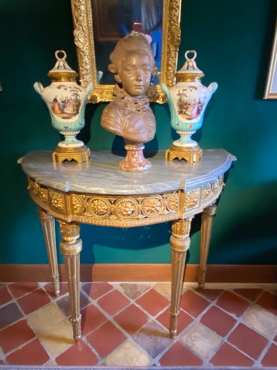 Console Demi-lune D’époque Louis XVI En Bois Doré Et Marbre Bleu Turquin-photo-8