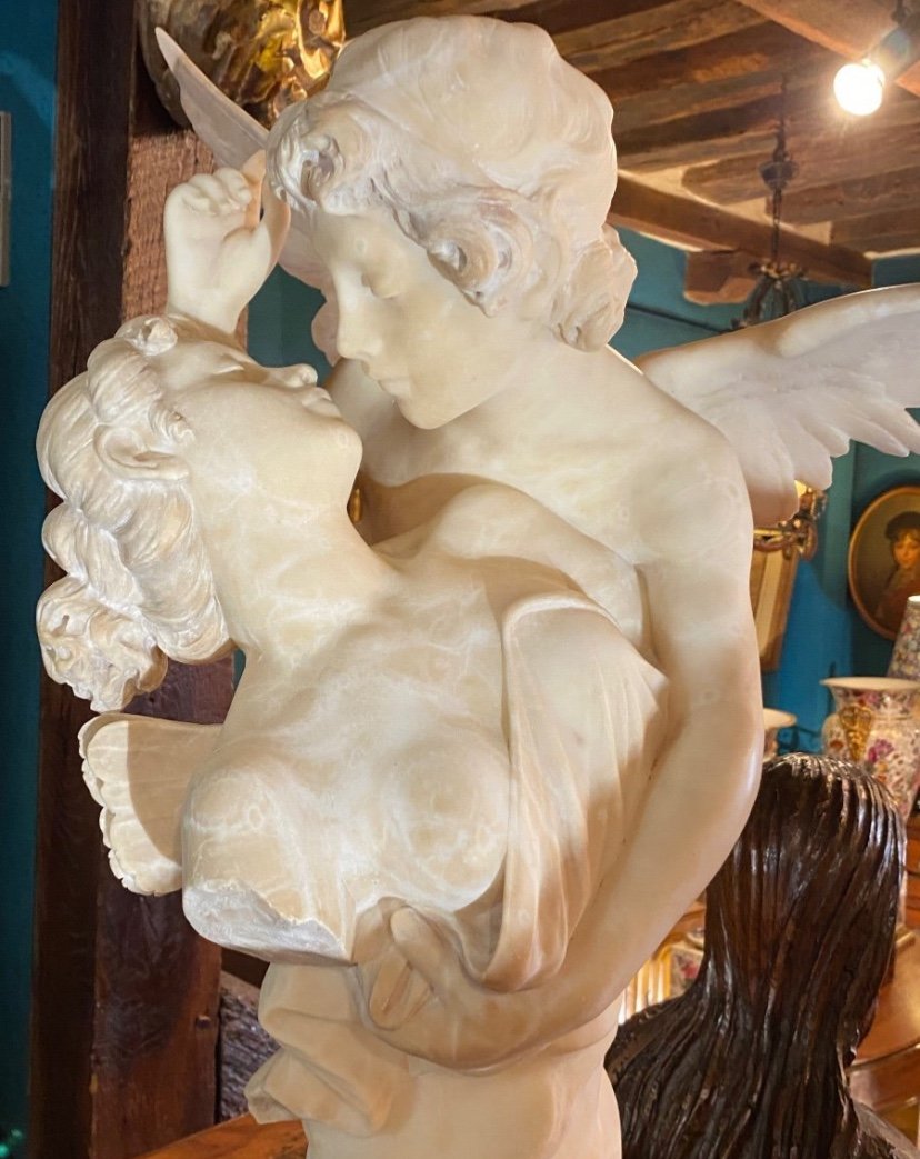 Cupid And Psyche,  Alabaster Group Signed Giovannini-photo-2