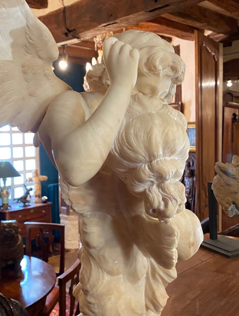 Cupid And Psyche,  Alabaster Group Signed Giovannini-photo-2