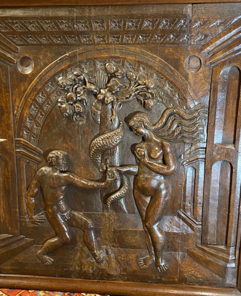 Adam Et Eve, Grand Panneau En Noyer Style Renaissance, Fin Du XVII Eme Siècle -photo-2