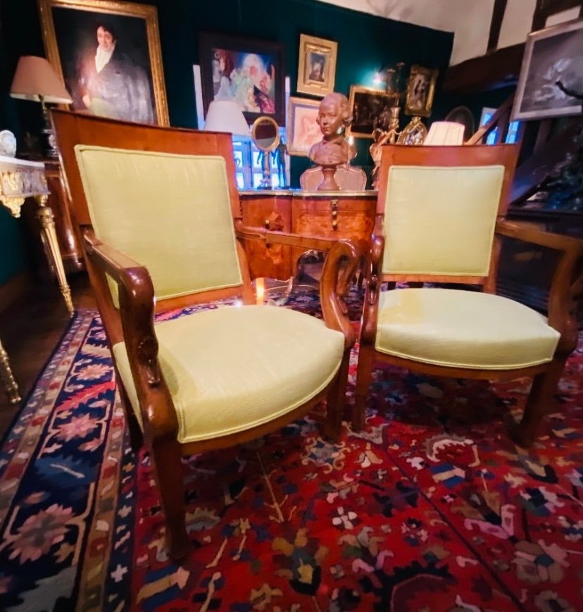 Superb Pair Of Swan Neck Armchairs Circa 1820 In Blond Mahogany -photo-4