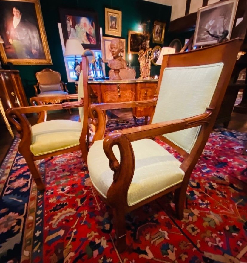 Superb Pair Of Swan Neck Armchairs Circa 1820 In Blond Mahogany -photo-6