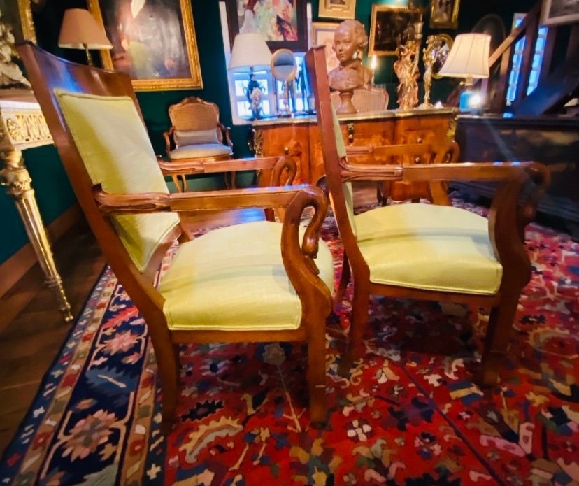 Superb Pair Of Swan Neck Armchairs Circa 1820 In Blond Mahogany -photo-8