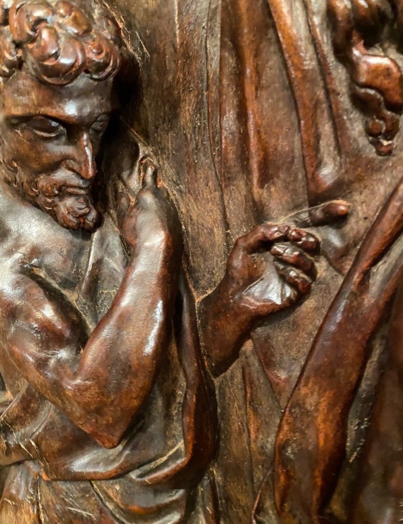 Incredulity Of Saint Thomas, Large Carved Walnut Panel, Late 16th Century -photo-2