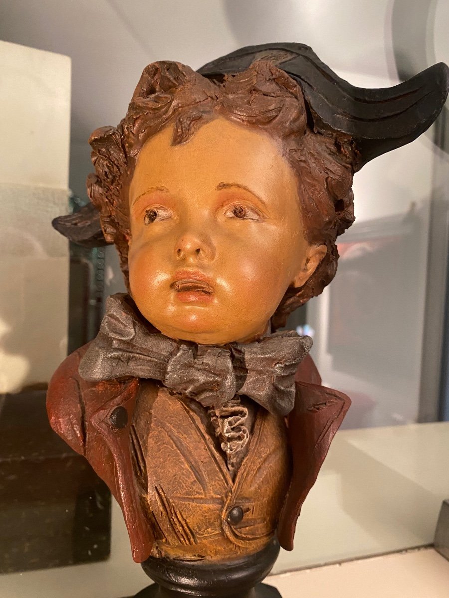 Pair Of Polychrome Terracotta Child Busts Signed Eugene Bourgoin -photo-8