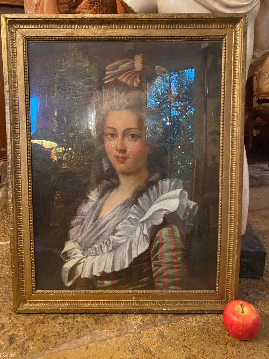 Grand Portrait De Dame De Qualité En Robe à La Française Du XVIII Eme Siècle -photo-2