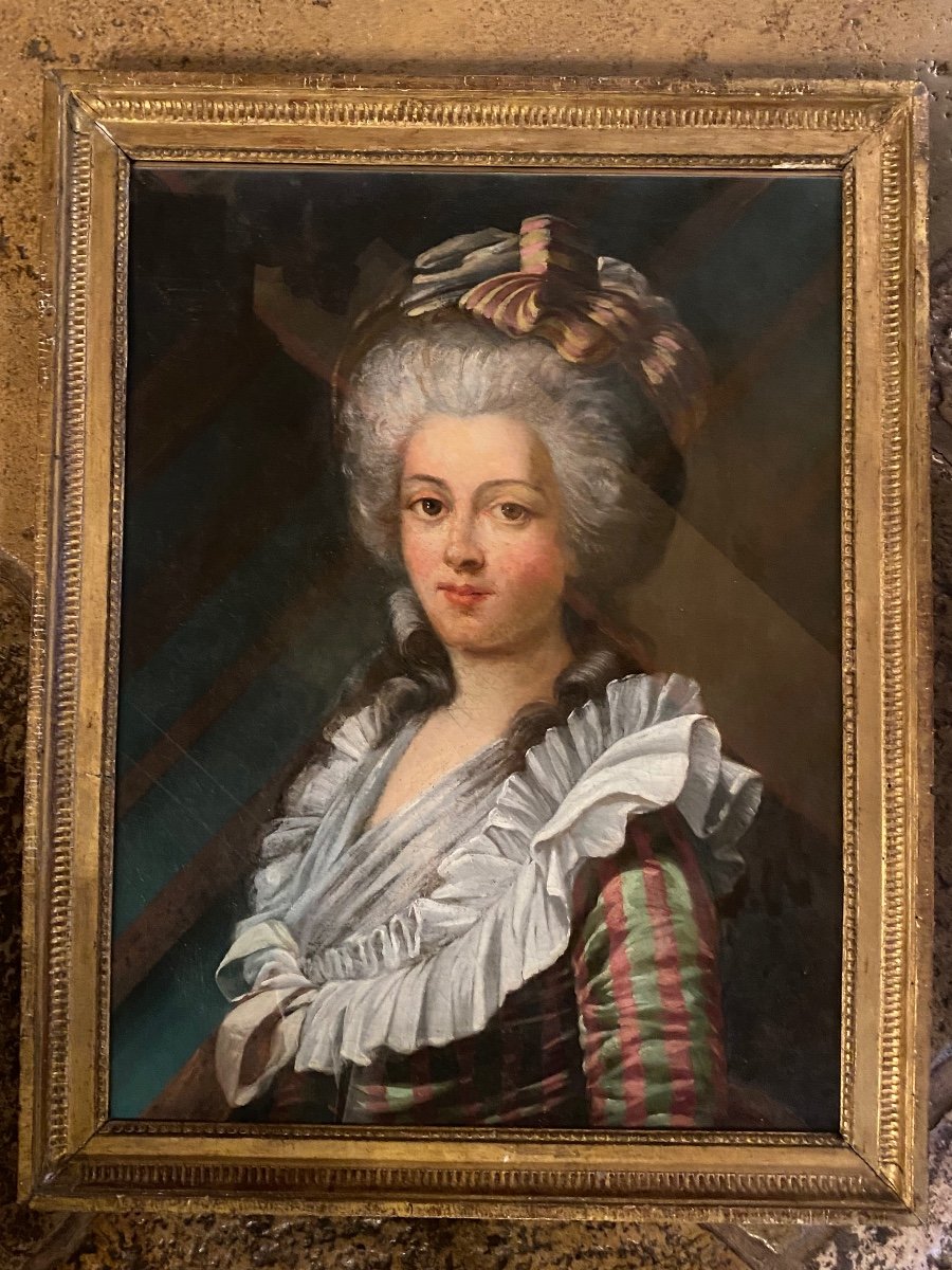 Grand Portrait De Dame De Qualité En Robe à La Française Du XVIII Eme Siècle -photo-3