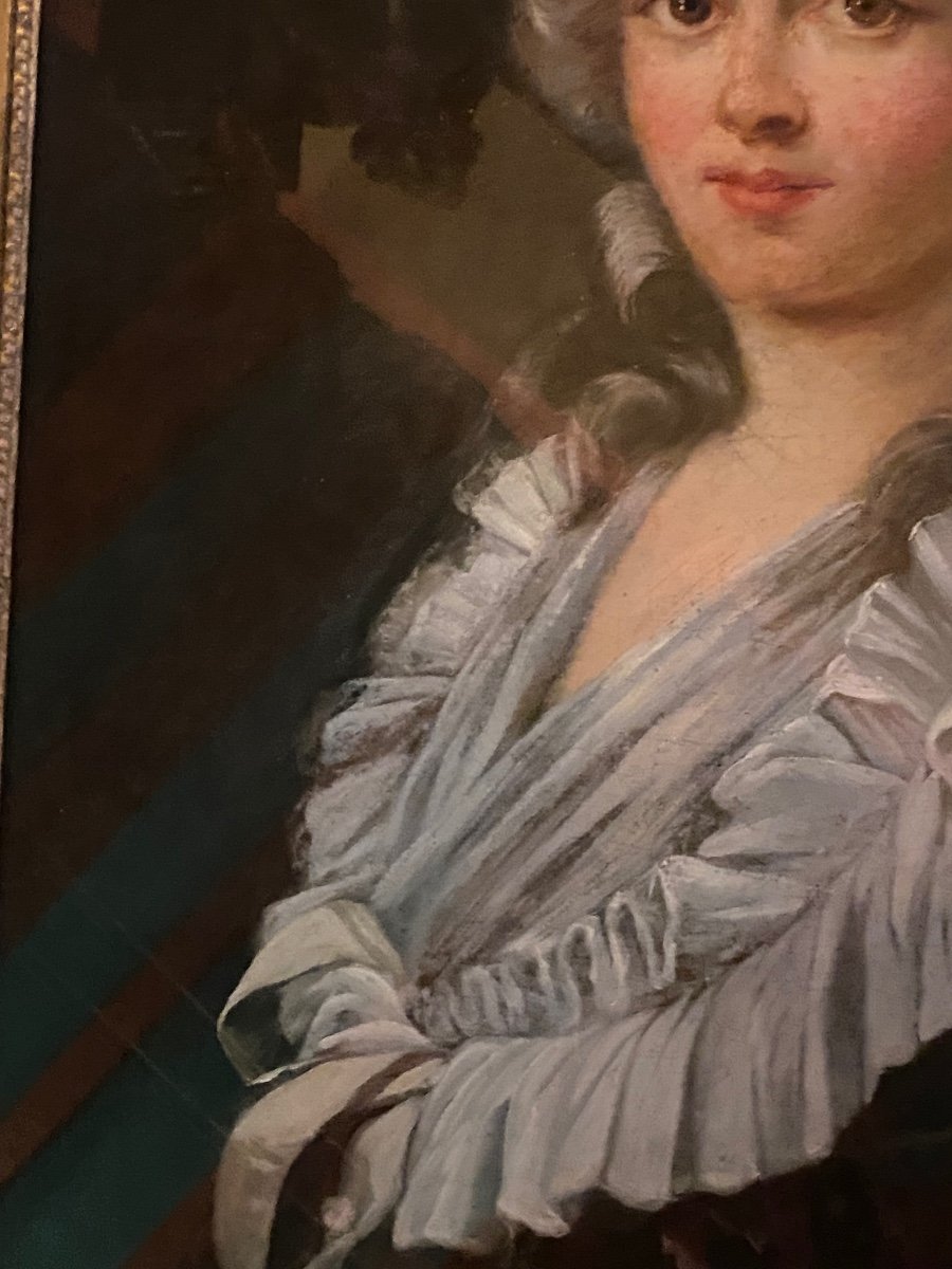 Grand Portrait De Dame De Qualité En Robe à La Française Du XVIII Eme Siècle -photo-2