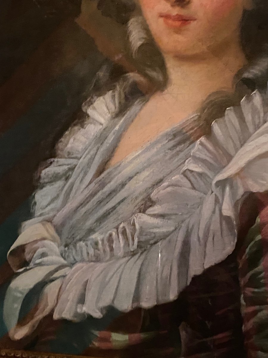 Grand Portrait De Dame De Qualité En Robe à La Française Du XVIII Eme Siècle -photo-3