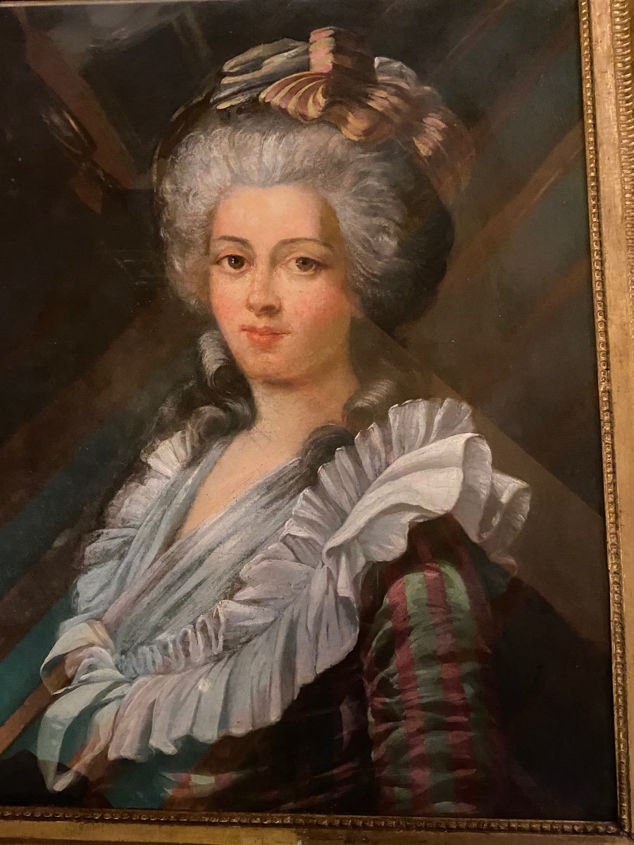 Grand Portrait De Dame De Qualité En Robe à La Française Du XVIII Eme Siècle -photo-6