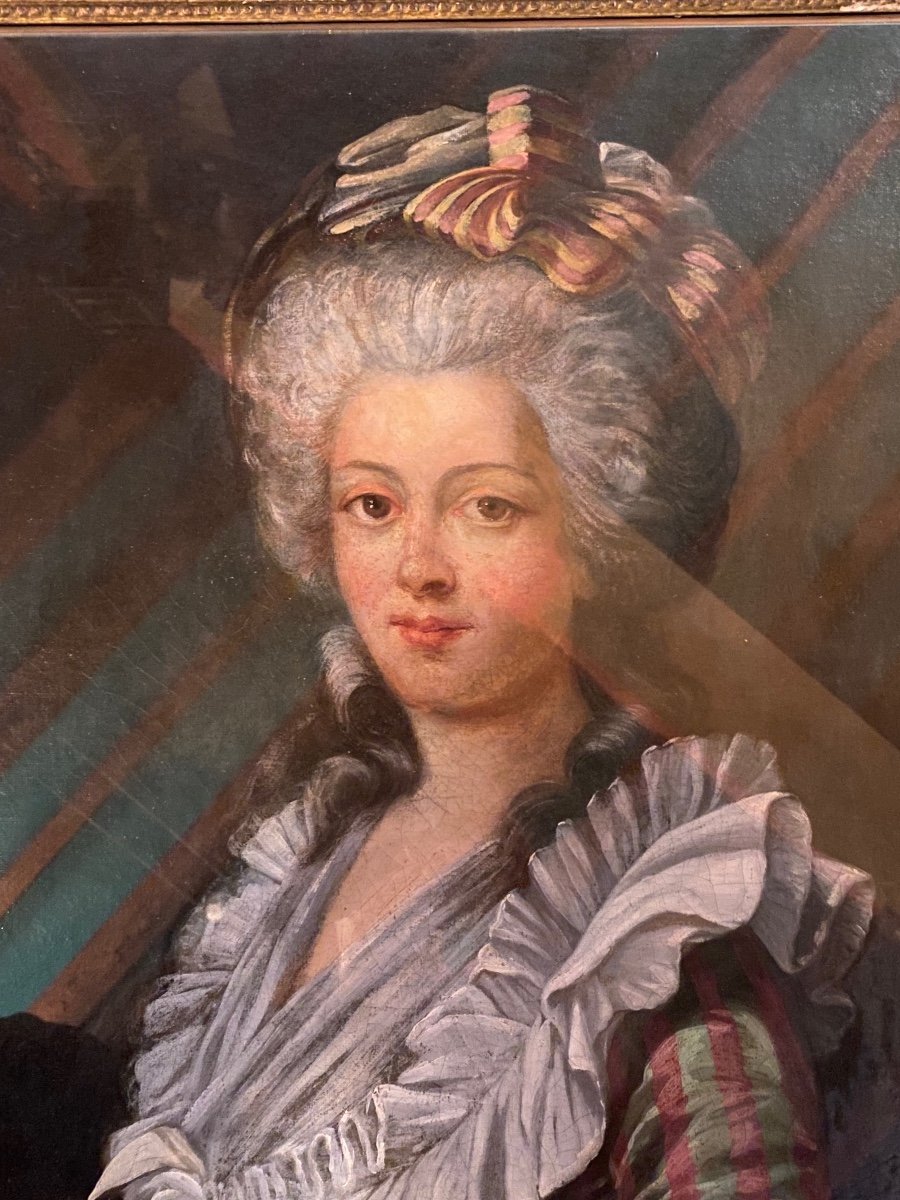 Grand Portrait De Dame De Qualité En Robe à La Française Du XVIII Eme Siècle -photo-7