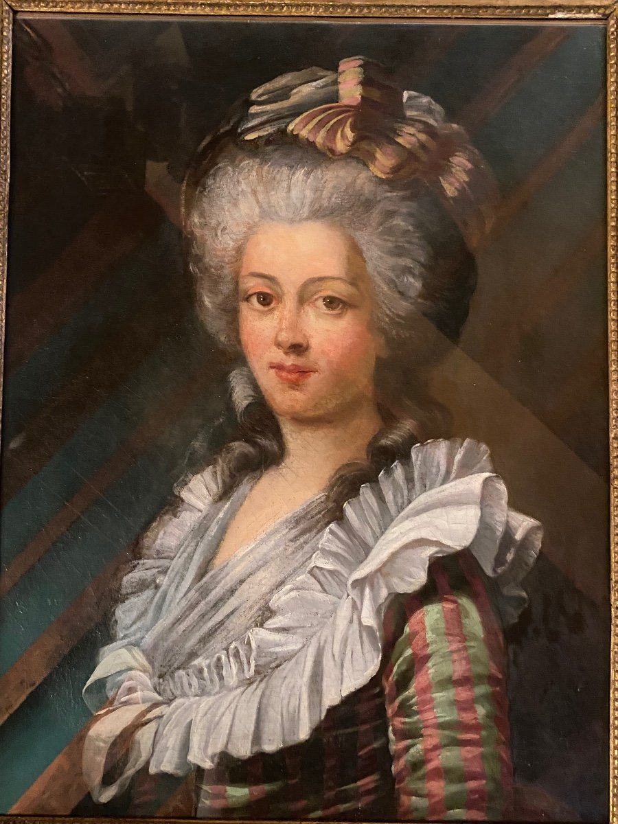 Grand Portrait De Dame De Qualité En Robe à La Française Du XVIII Eme Siècle -photo-8