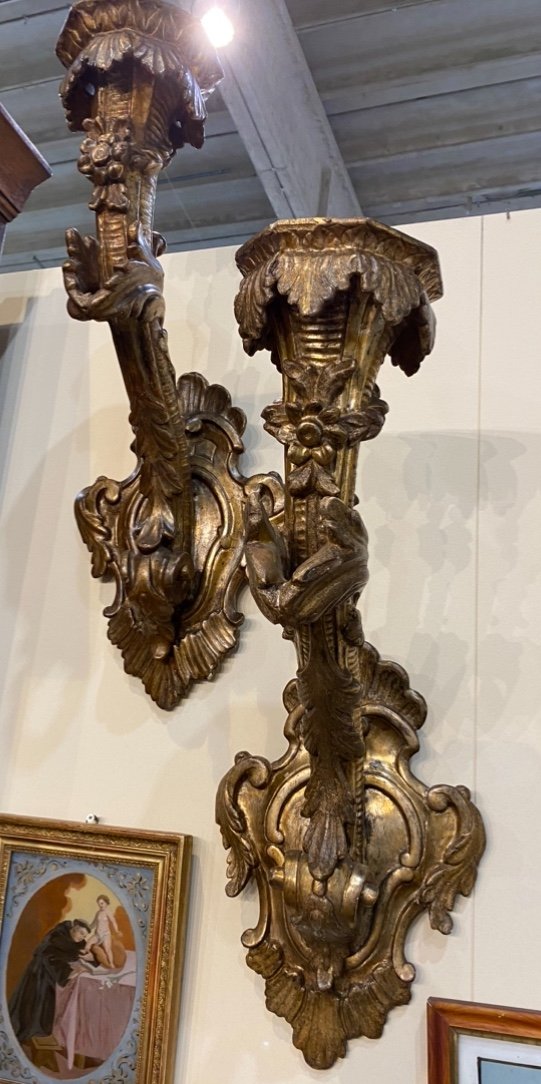 Large Pair Of Gilded Wood Wall Torches, Early 18th Century -photo-2