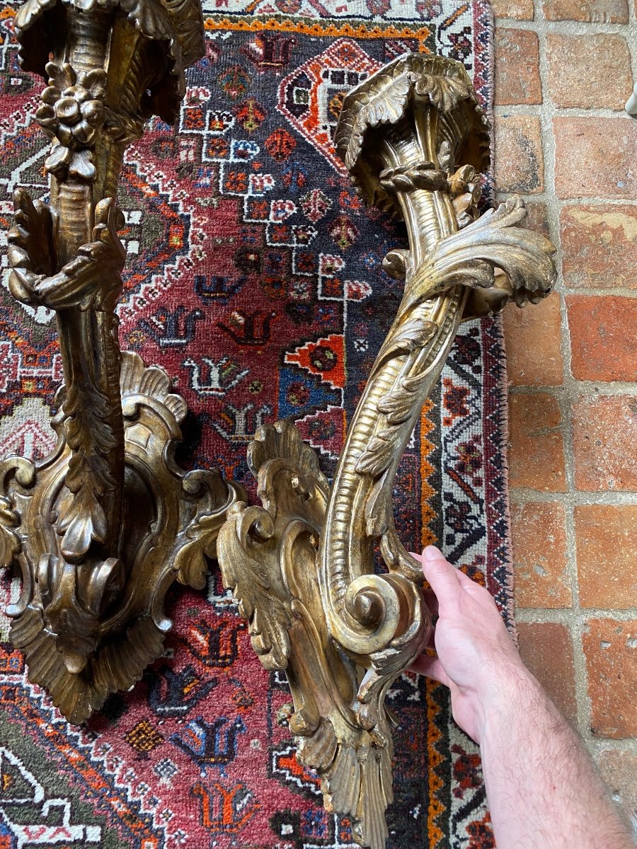 Large Pair Of Gilded Wood Wall Torches, Early 18th Century -photo-3