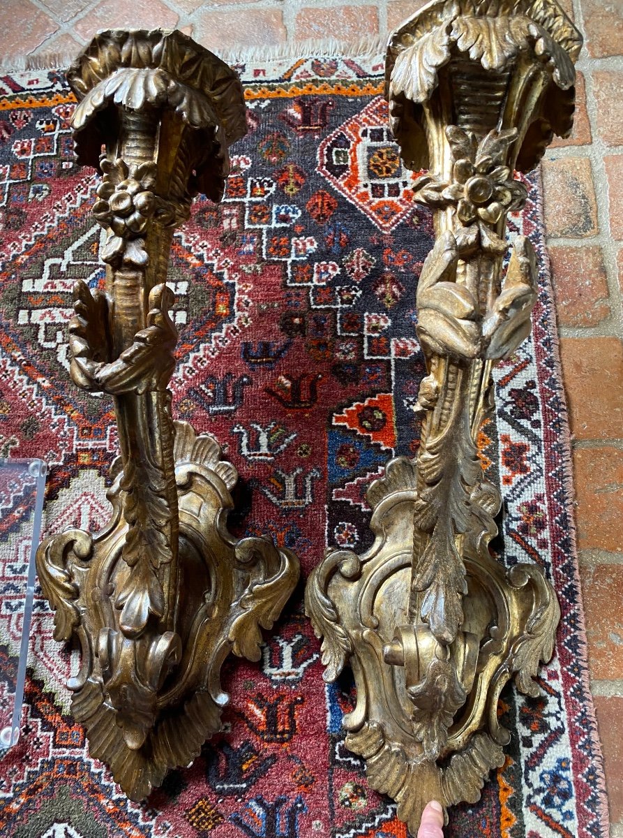 Large Pair Of Gilded Wood Wall Torches, Early 18th Century -photo-4