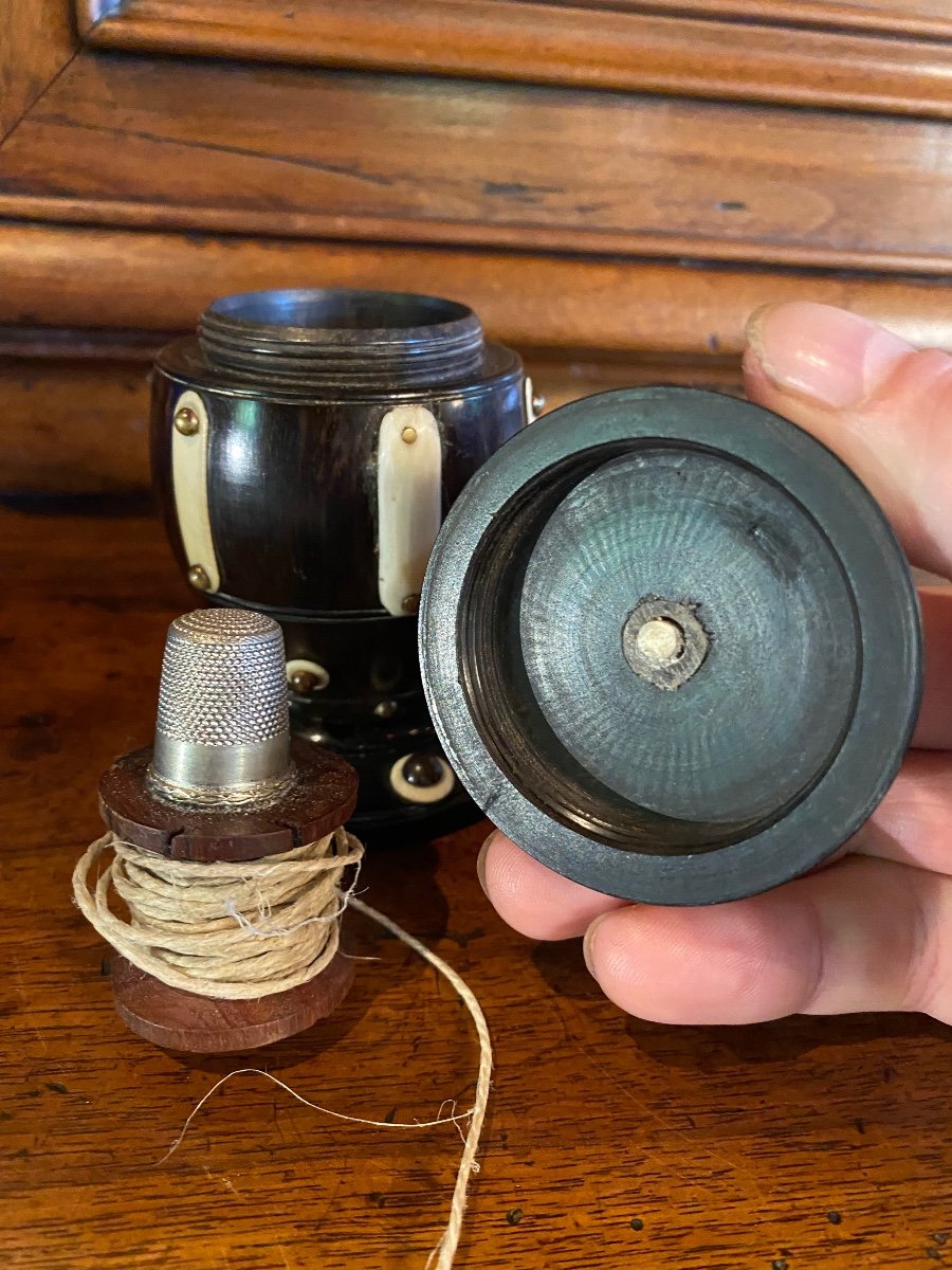 Collection, Rare Thread Winder And Thimble Holder In Solid Ebony And Bone From The Napoleon II Period-photo-1