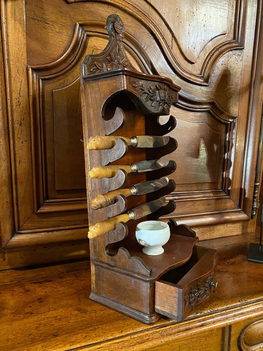 Charming Provencal Cutlery Set In Carved Walnut, End Of The 18th Century -photo-3