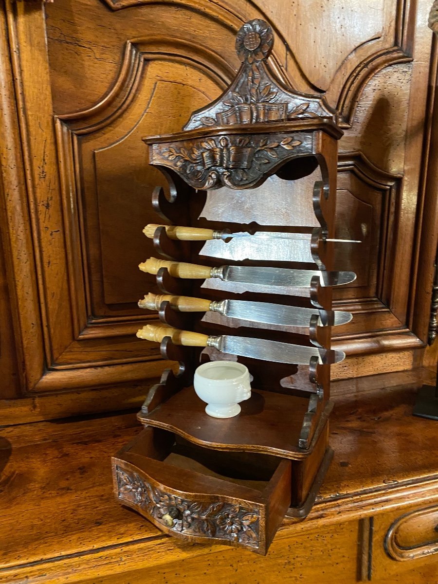 Charming Provencal Cutlery Set In Carved Walnut, End Of The 18th Century -photo-4