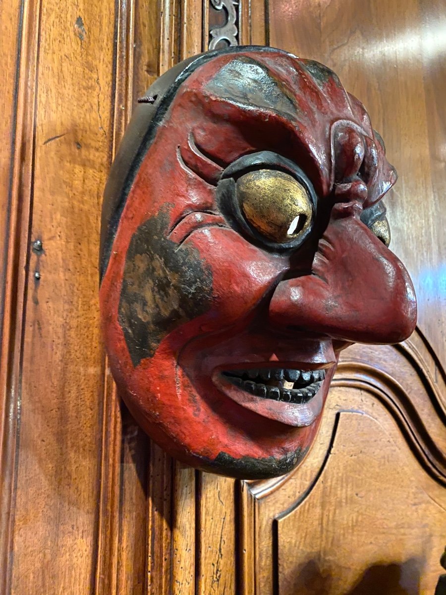 Scary Japanese Lacquer Theater Mask Early 20th Century -photo-3