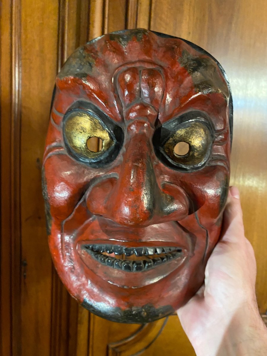 Scary Japanese Lacquer Theater Mask Early 20th Century -photo-6