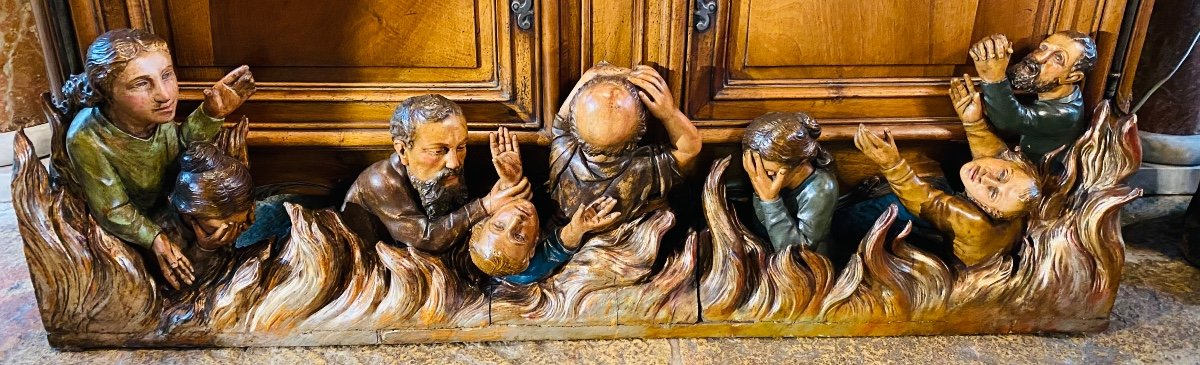 Souls In Purgatory, Exceptional Italian Polychrome Sculpted Ensemble From The 17th Century 