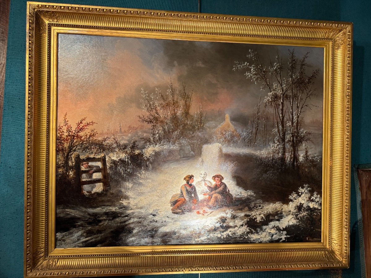 Children's Games In The Snow, Oil On Canvas From The 19th Century -photo-2