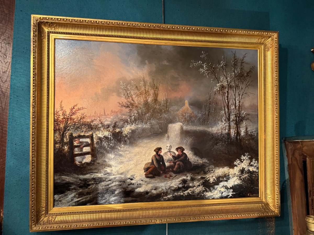 Children's Games In The Snow, Oil On Canvas From The 19th Century -photo-3