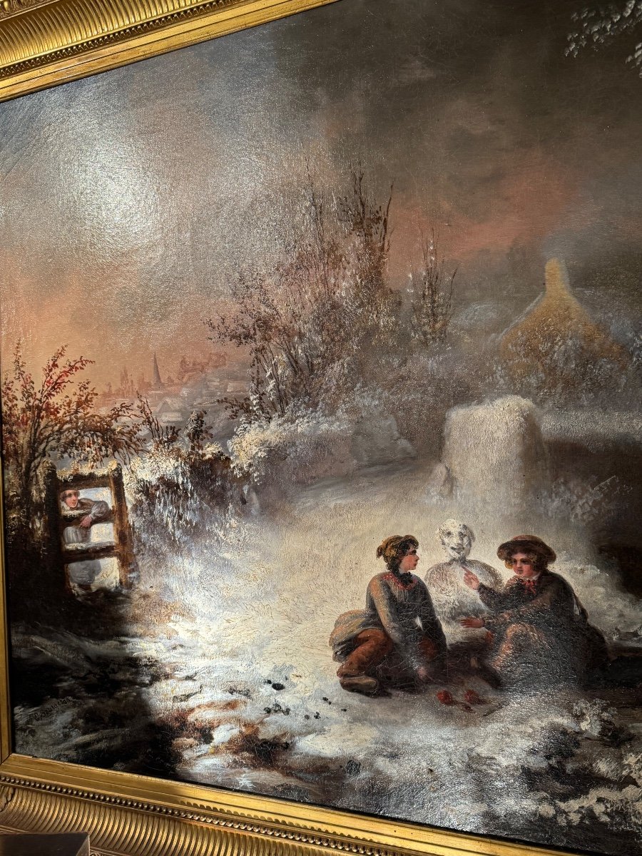 Children's Games In The Snow, Oil On Canvas From The 19th Century -photo-1