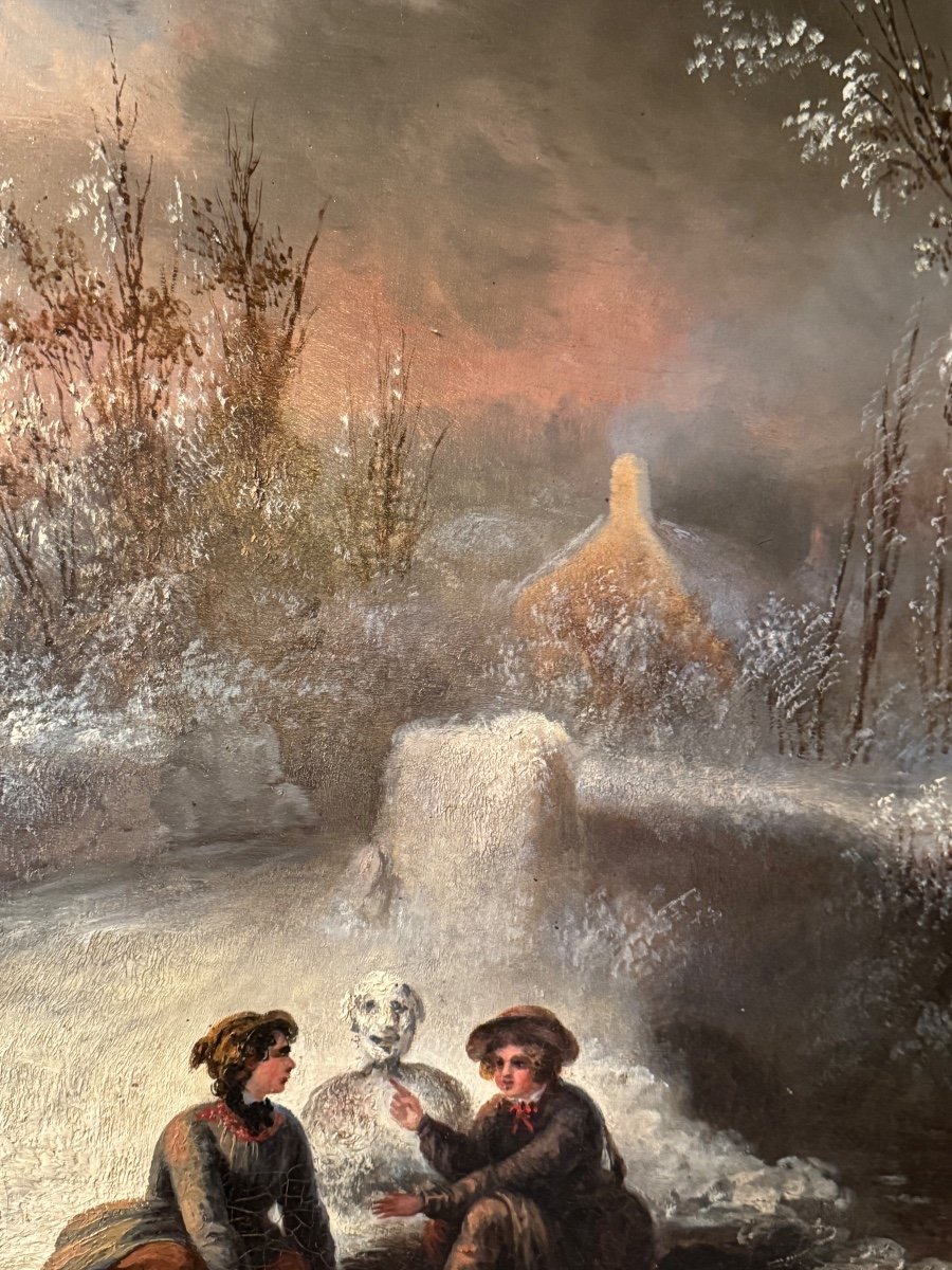 Children's Games In The Snow, Oil On Canvas From The 19th Century -photo-3