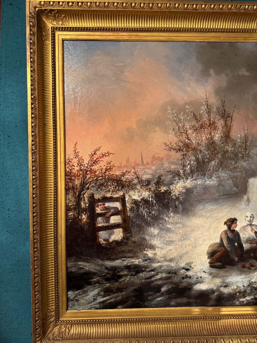 Children's Games In The Snow, Oil On Canvas From The 19th Century -photo-5