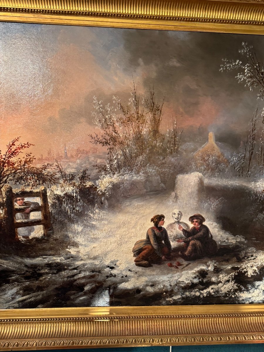 Children's Games In The Snow, Oil On Canvas From The 19th Century -photo-6