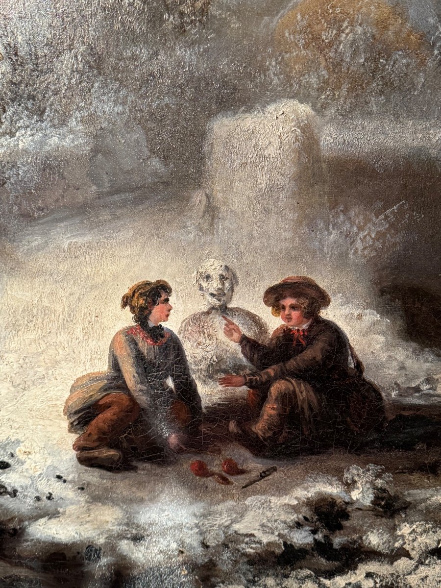 Children's Games In The Snow, Oil On Canvas From The 19th Century -photo-8