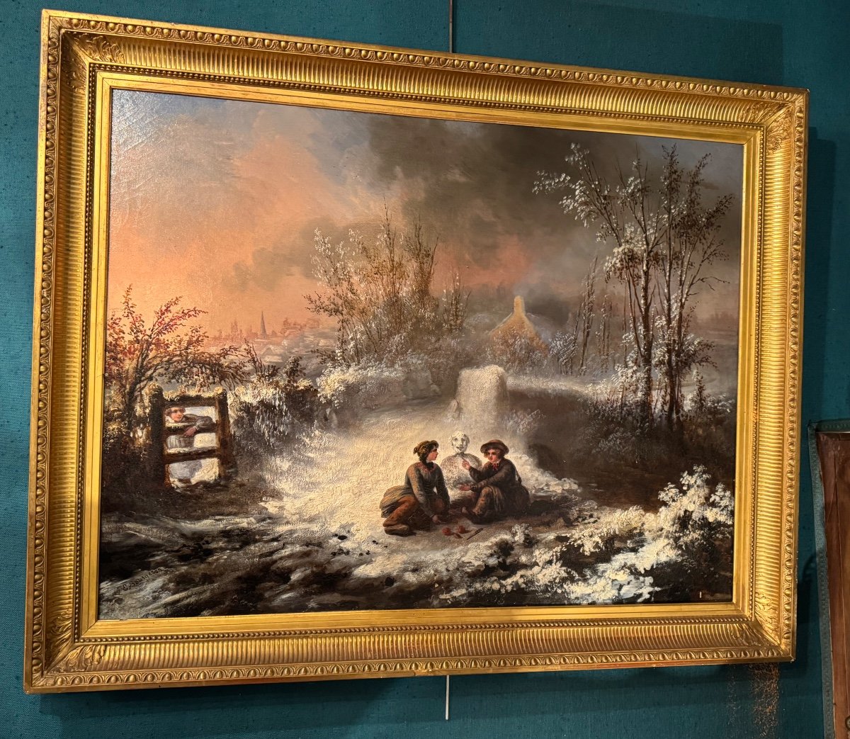 Children's Games In The Snow, Oil On Canvas From The 19th Century 