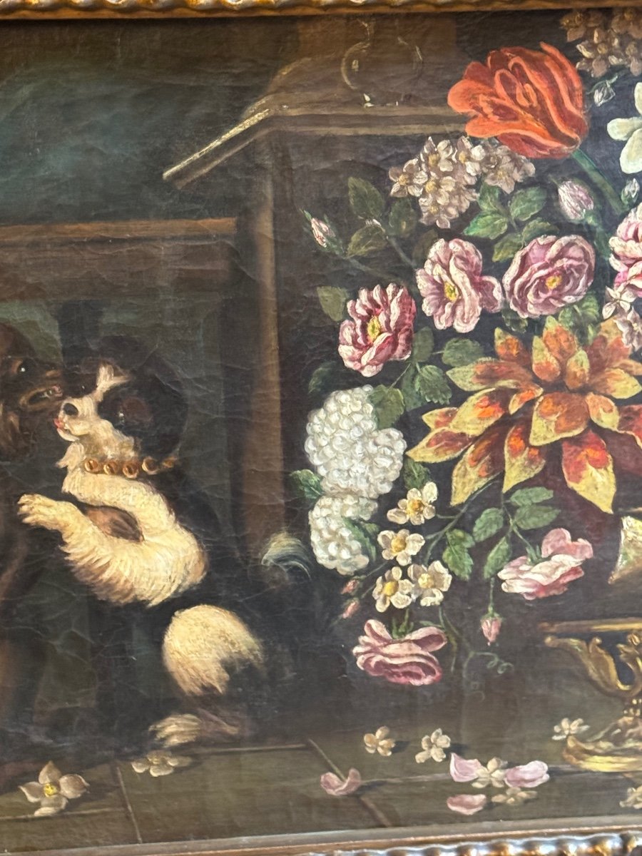 Chien Jouant Avec Un Singe Près D’un Bouquet De Fleurs -photo-3